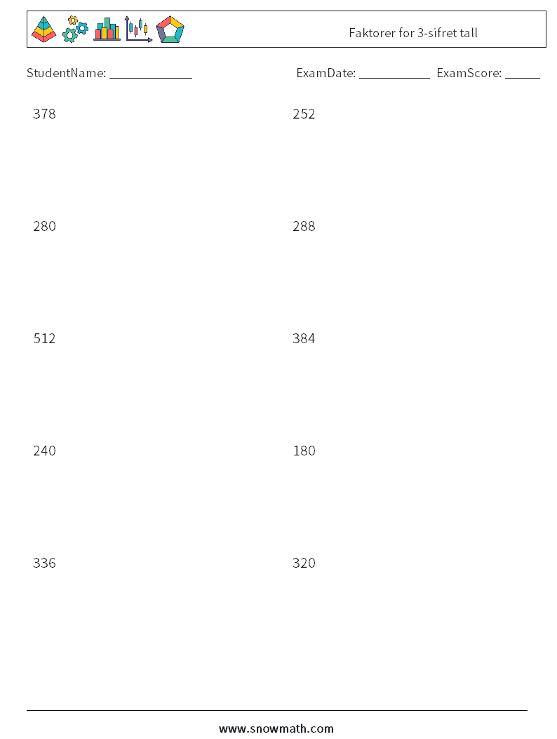 Faktorer for 3-sifret tall MathWorksheets 3