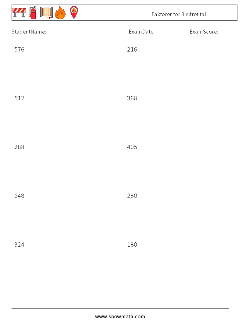 Faktorer for 3-sifret tall MathWorksheets 6