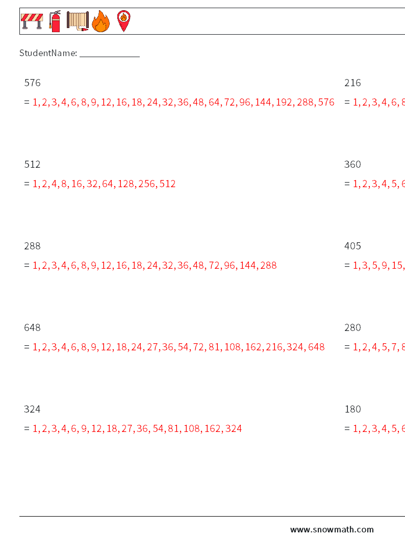 Faktorer for 3-sifret tall MathWorksheets 6 QuestionAnswer