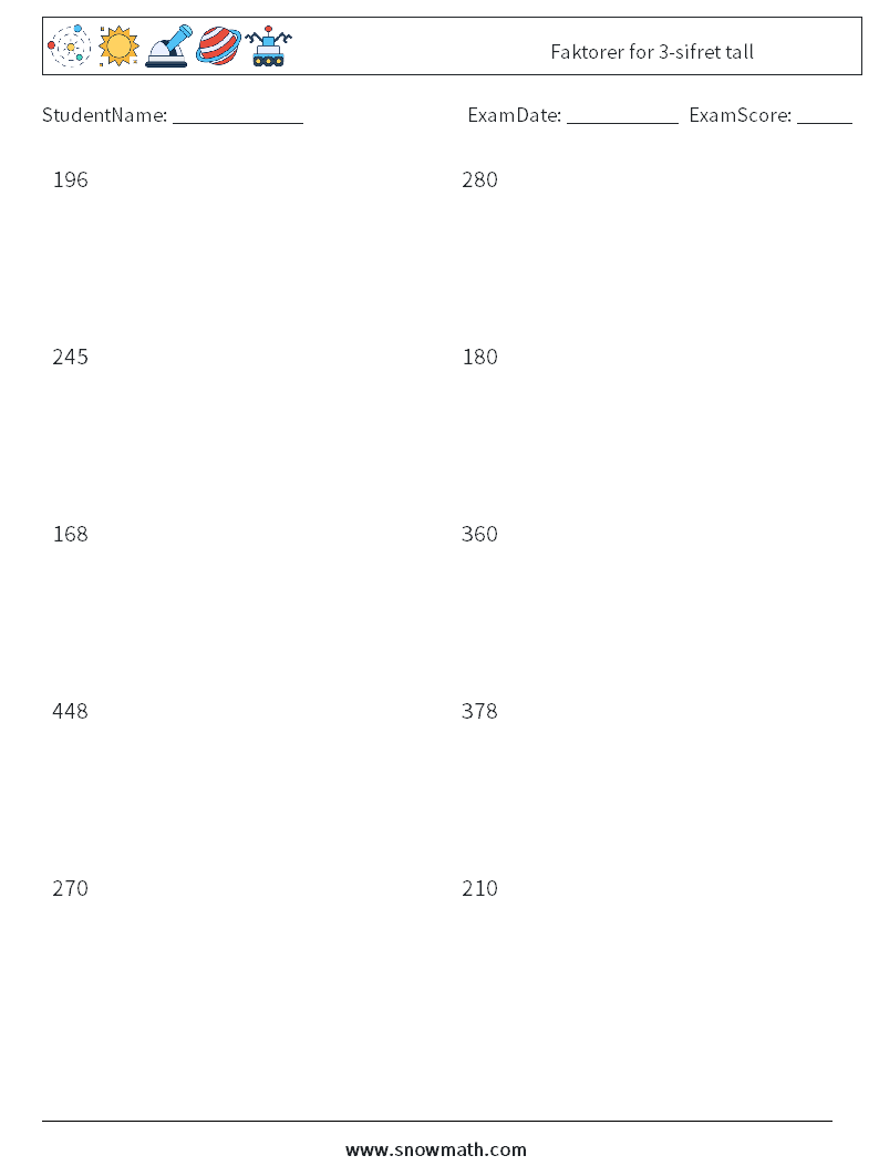 Faktorer for 3-sifret tall MathWorksheets 7