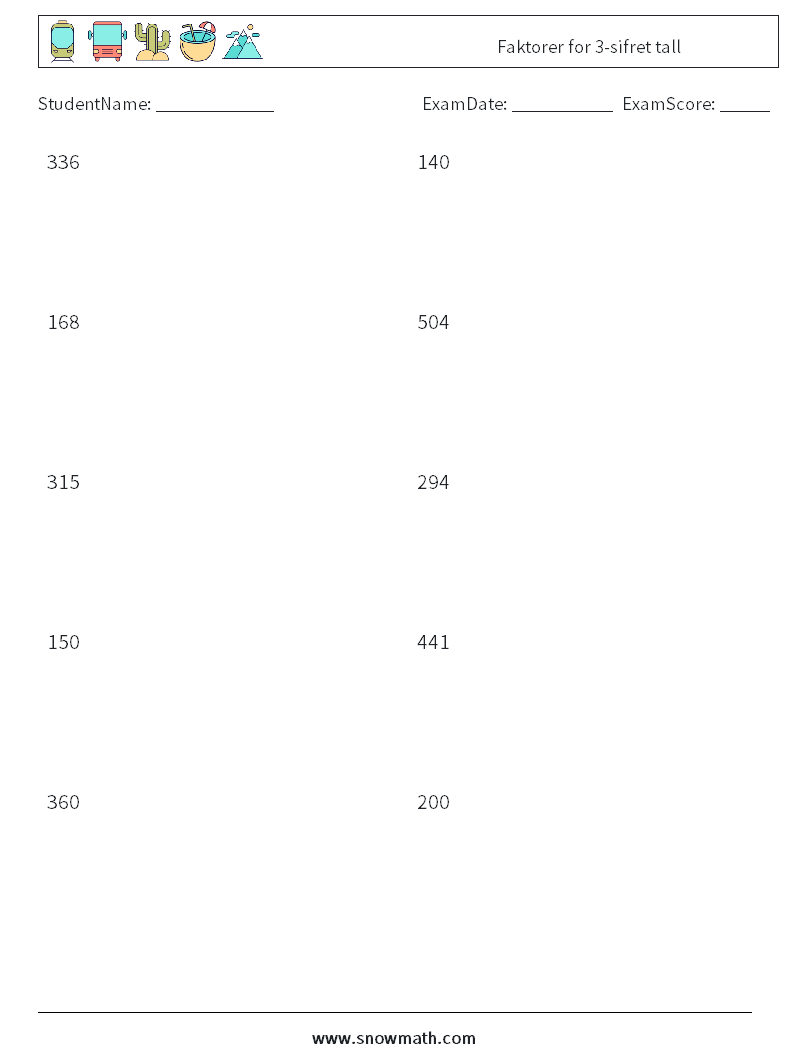 Faktorer for 3-sifret tall MathWorksheets 8