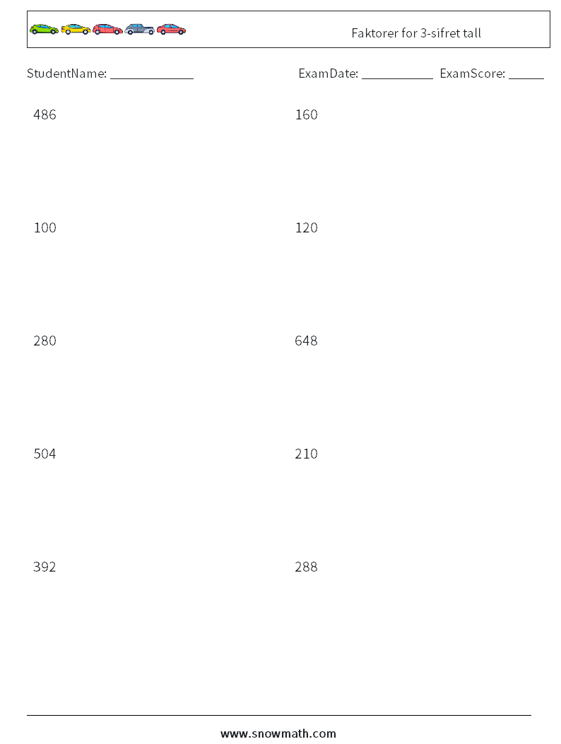 Faktorer for 3-sifret tall MathWorksheets 9