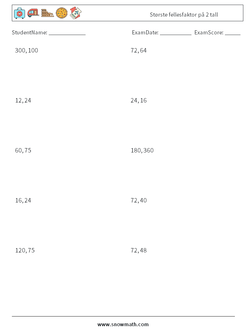 Største fellesfaktor på 2 tall MathWorksheets 2