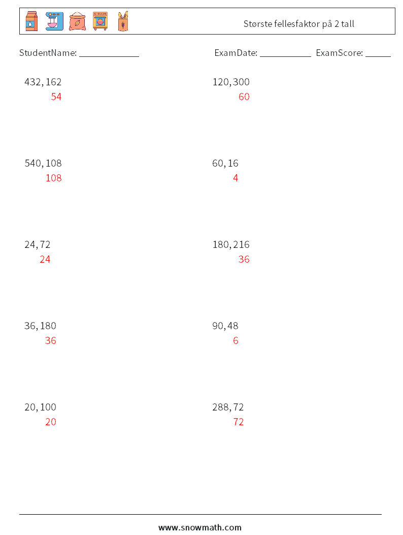 Største fellesfaktor på 2 tall MathWorksheets 5 QuestionAnswer