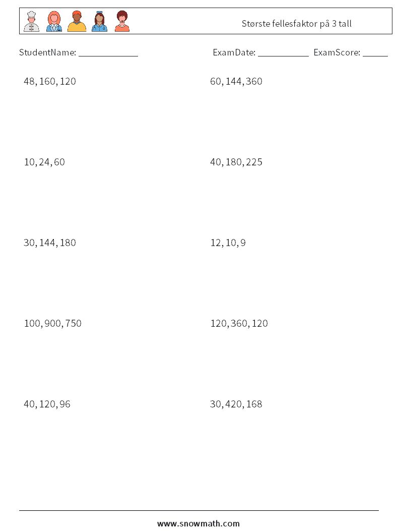 Største fellesfaktor på 3 tall MathWorksheets 1