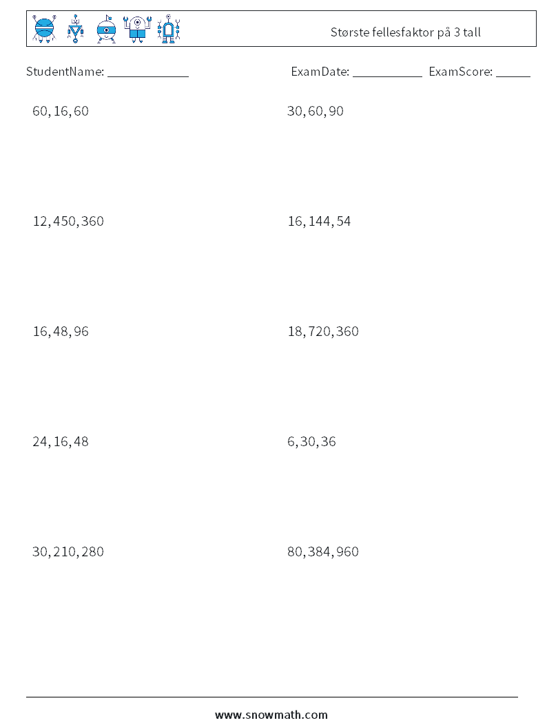 Største fellesfaktor på 3 tall MathWorksheets 4