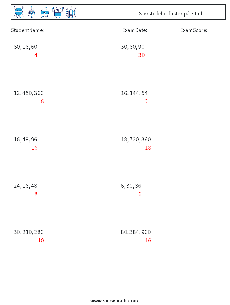 Største fellesfaktor på 3 tall MathWorksheets 4 QuestionAnswer