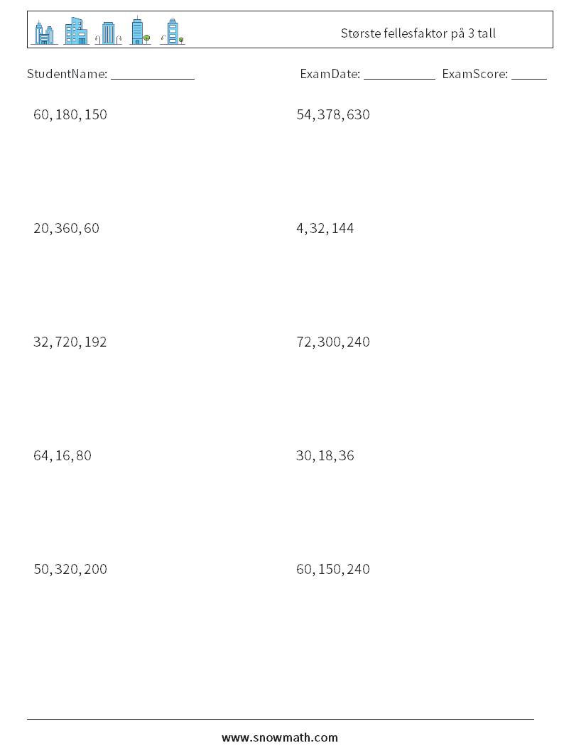 Største fellesfaktor på 3 tall MathWorksheets 5