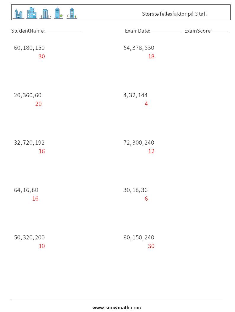 Største fellesfaktor på 3 tall MathWorksheets 5 QuestionAnswer