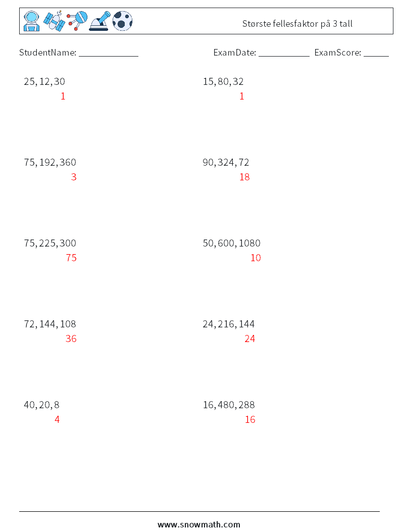 Største fellesfaktor på 3 tall MathWorksheets 6 QuestionAnswer