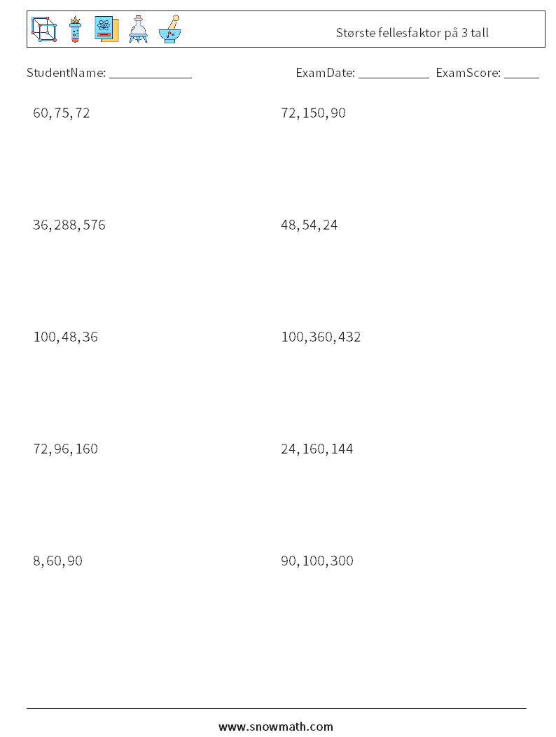 Største fellesfaktor på 3 tall MathWorksheets 7
