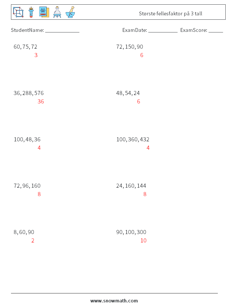 Største fellesfaktor på 3 tall MathWorksheets 7 QuestionAnswer