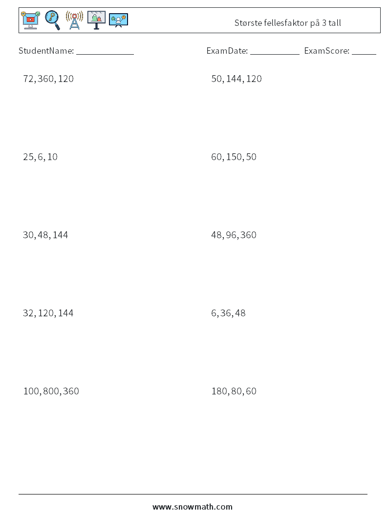 Største fellesfaktor på 3 tall MathWorksheets 8