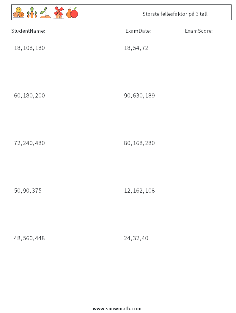 Største fellesfaktor på 3 tall MathWorksheets 9