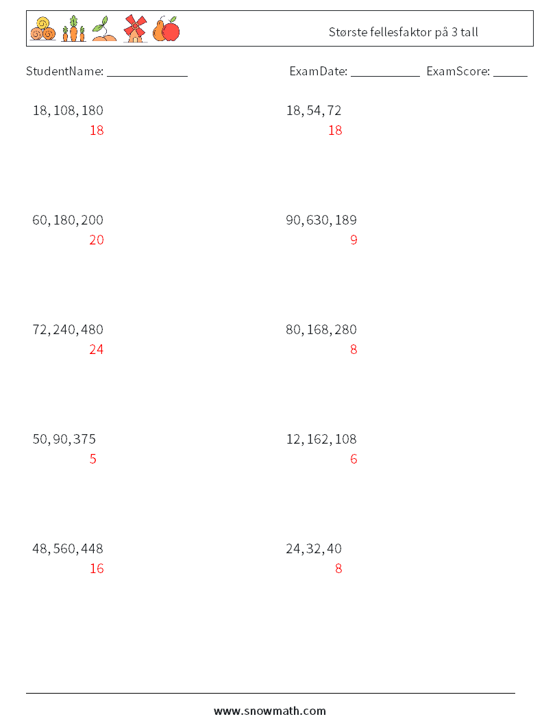 Største fellesfaktor på 3 tall MathWorksheets 9 QuestionAnswer