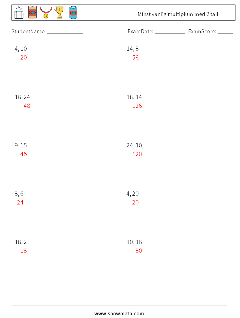 Minst vanlig multiplum med 2 tall MathWorksheets 2 QuestionAnswer
