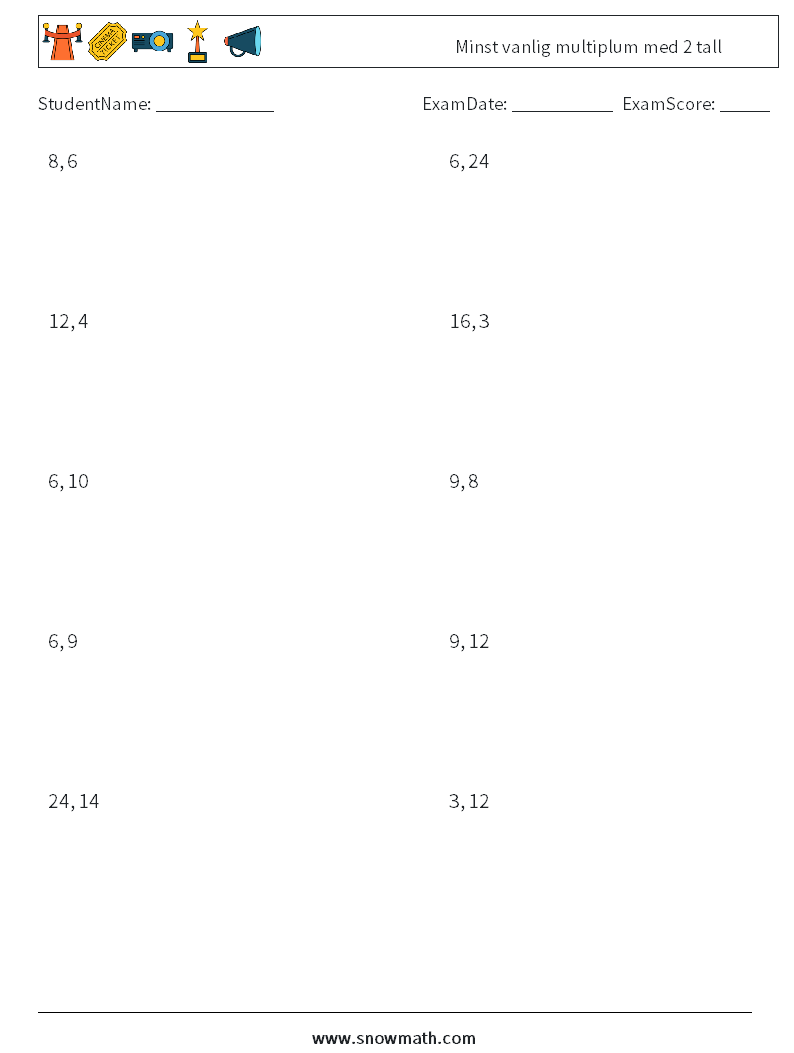 Minst vanlig multiplum med 2 tall MathWorksheets 3