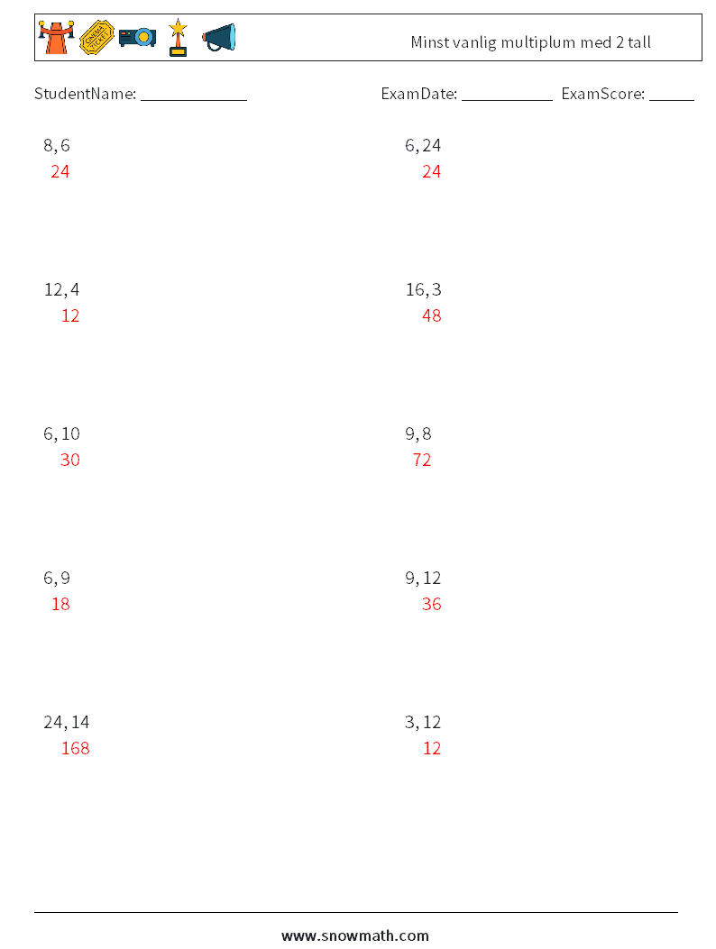 Minst vanlig multiplum med 2 tall MathWorksheets 3 QuestionAnswer