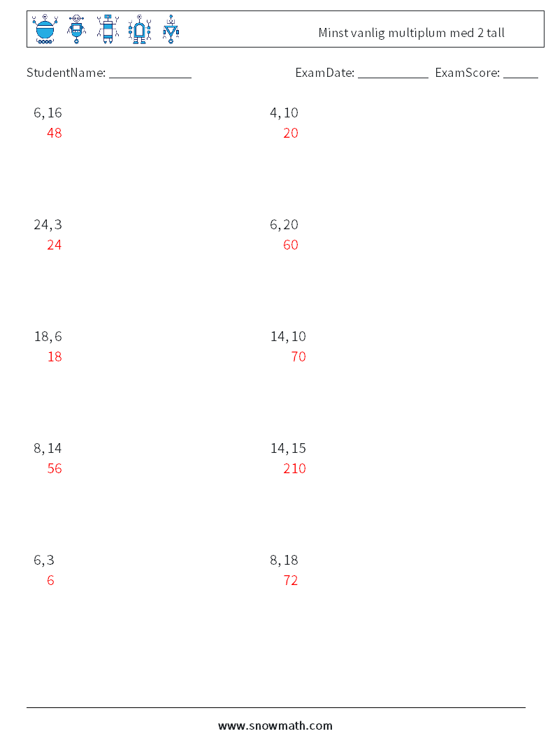 Minst vanlig multiplum med 2 tall MathWorksheets 5 QuestionAnswer