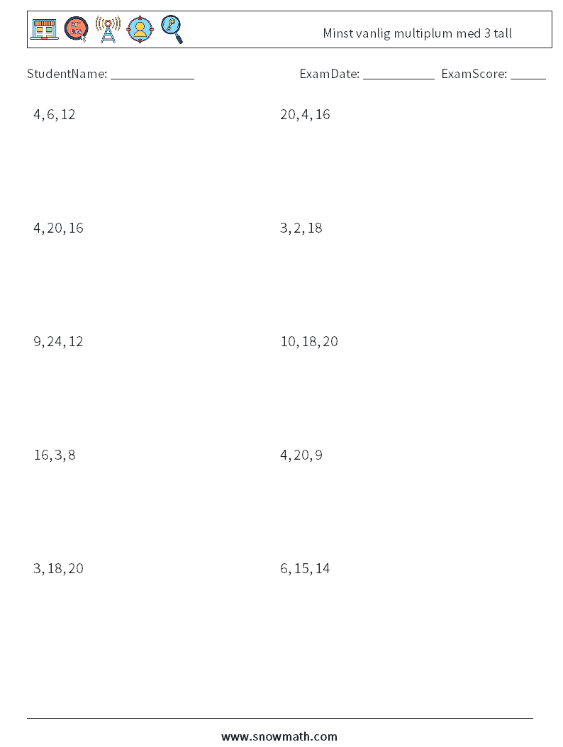 Minst vanlig multiplum med 3 tall MathWorksheets 1