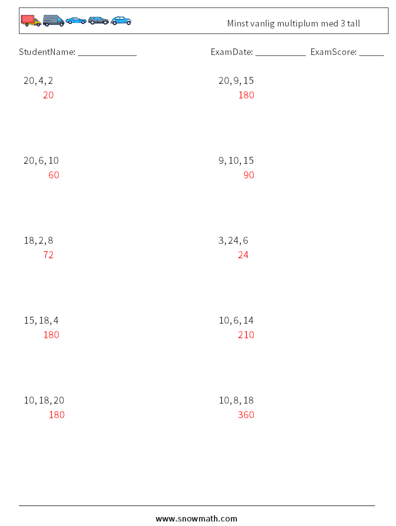 Minst vanlig multiplum med 3 tall MathWorksheets 2 QuestionAnswer