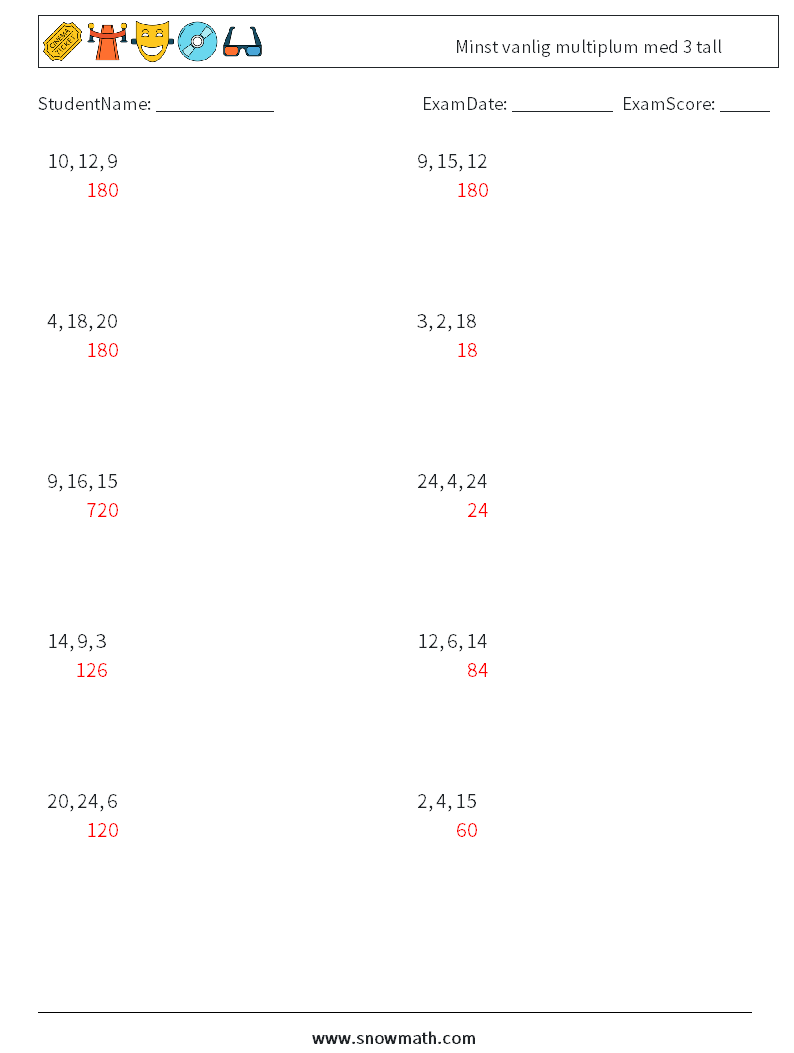 Minst vanlig multiplum med 3 tall MathWorksheets 3 QuestionAnswer