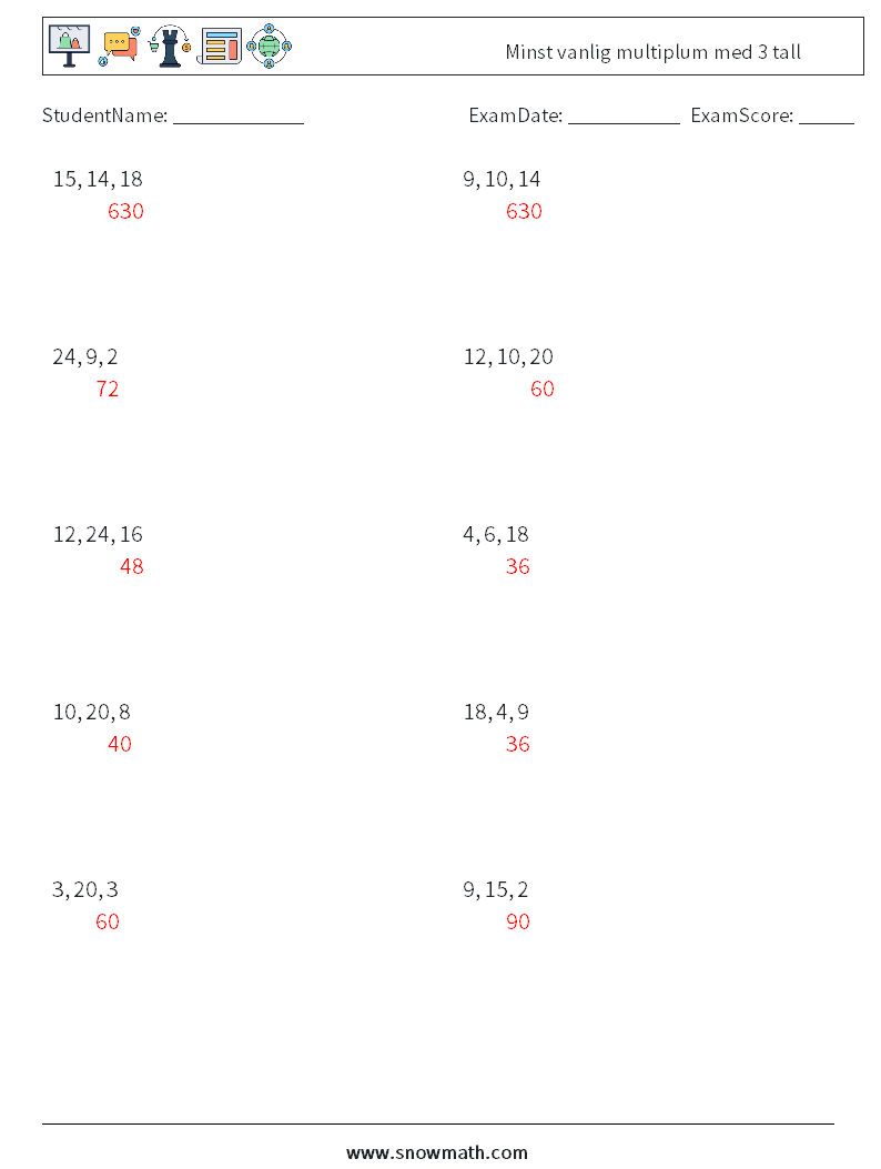 Minst vanlig multiplum med 3 tall MathWorksheets 4 QuestionAnswer