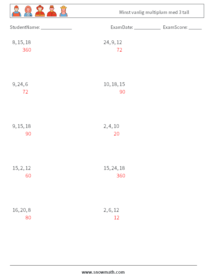 Minst vanlig multiplum med 3 tall MathWorksheets 5 QuestionAnswer