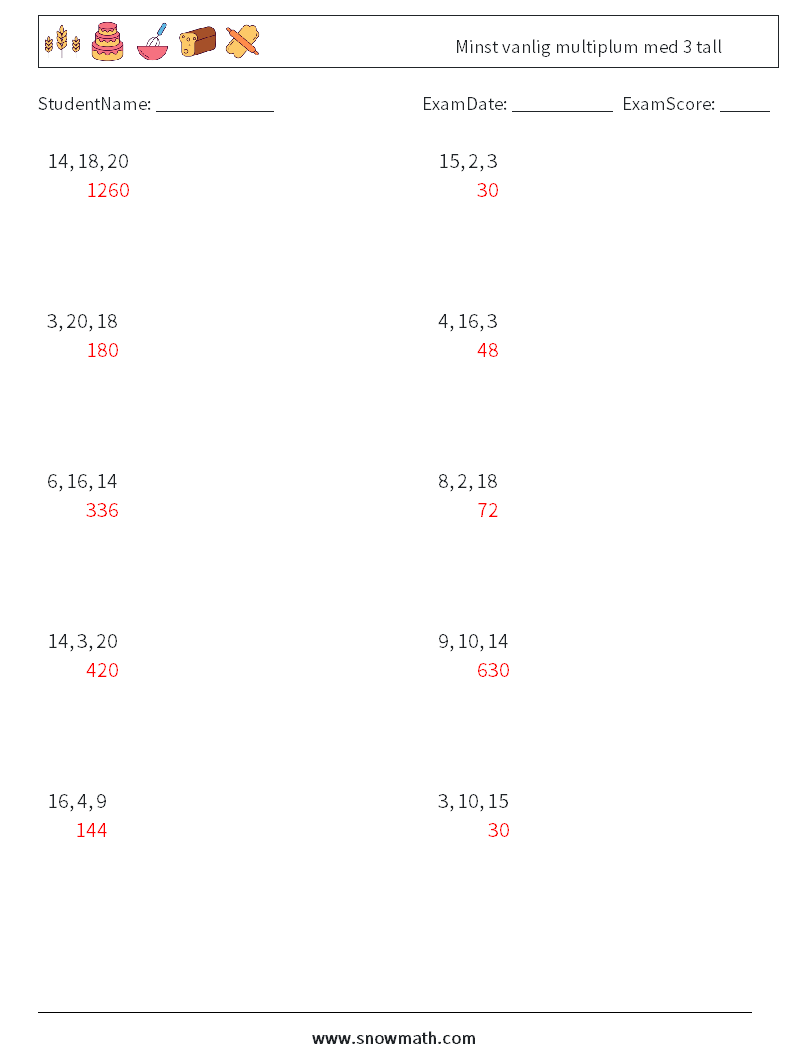 Minst vanlig multiplum med 3 tall MathWorksheets 6 QuestionAnswer