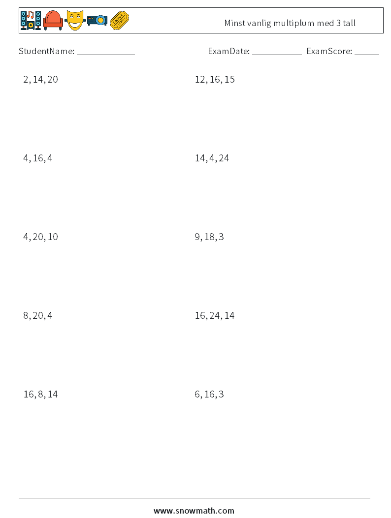 Minst vanlig multiplum med 3 tall MathWorksheets 8