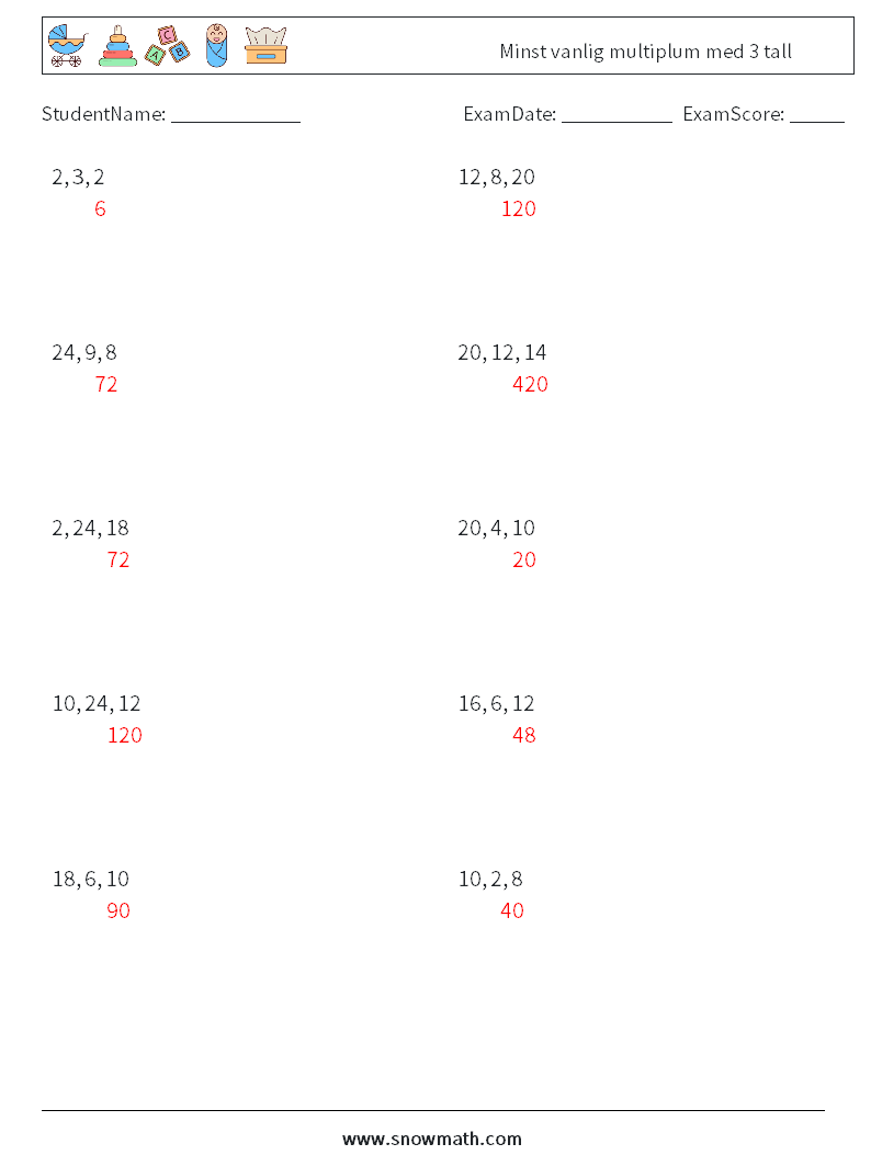 Minst vanlig multiplum med 3 tall MathWorksheets 9 QuestionAnswer