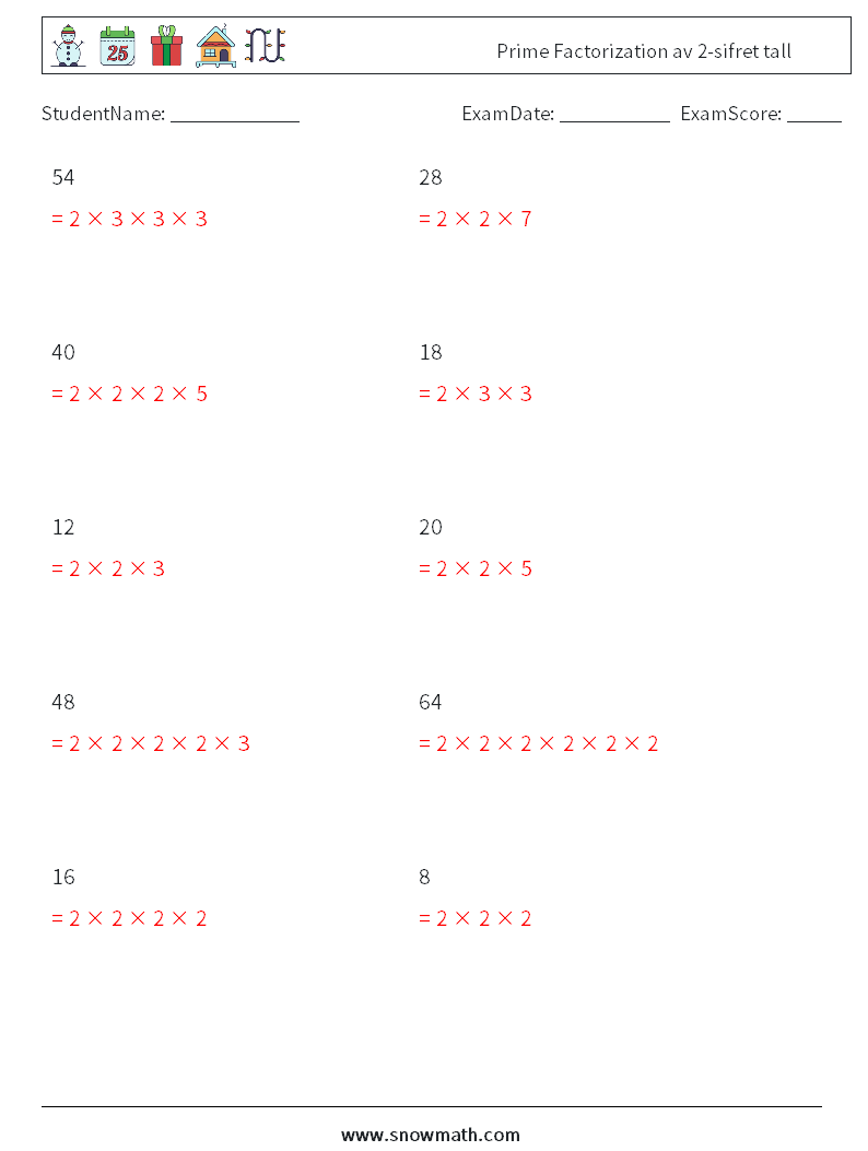 Prime Factorization av 2-sifret tall MathWorksheets 1 QuestionAnswer