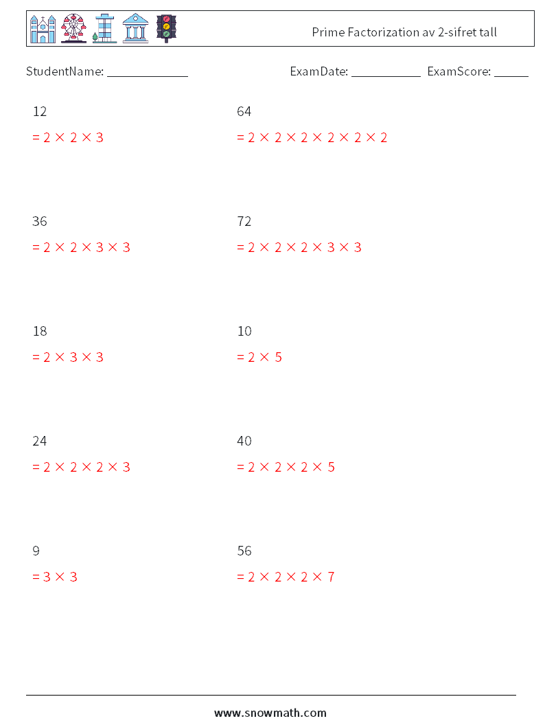 Prime Factorization av 2-sifret tall MathWorksheets 3 QuestionAnswer