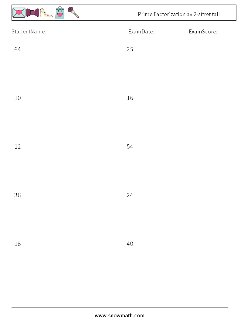 Prime Factorization av 2-sifret tall MathWorksheets 4