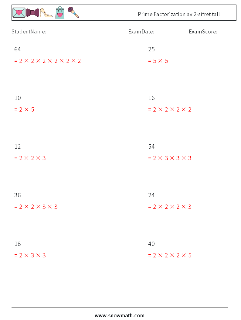 Prime Factorization av 2-sifret tall MathWorksheets 4 QuestionAnswer