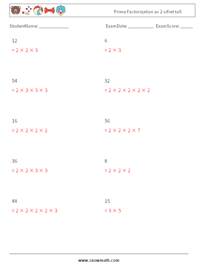 Prime Factorization av 2-sifret tall MathWorksheets 5 QuestionAnswer