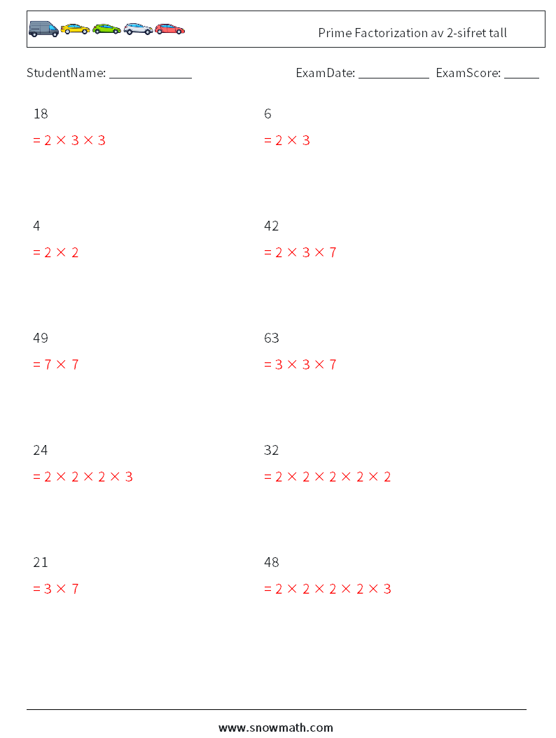 Prime Factorization av 2-sifret tall MathWorksheets 6 QuestionAnswer