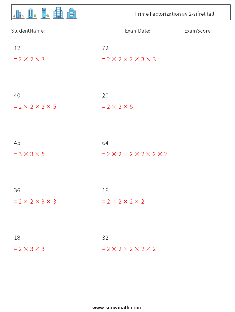 Prime Factorization av 2-sifret tall MathWorksheets 7 QuestionAnswer