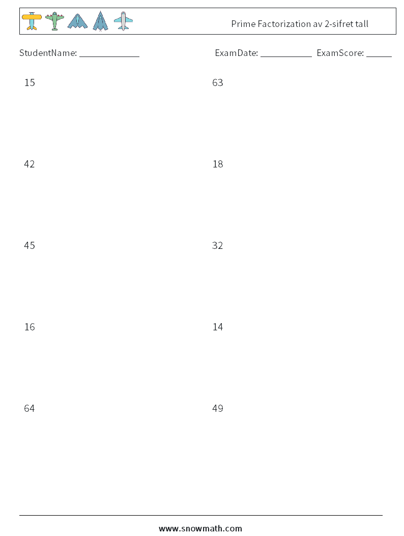 Prime Factorization av 2-sifret tall MathWorksheets 8