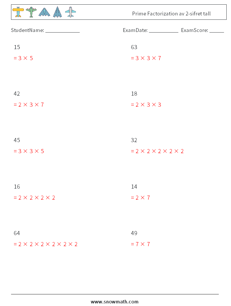 Prime Factorization av 2-sifret tall MathWorksheets 8 QuestionAnswer