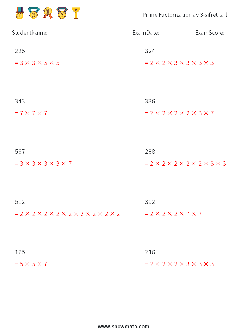 Prime Factorization av 3-sifret tall MathWorksheets 1 QuestionAnswer