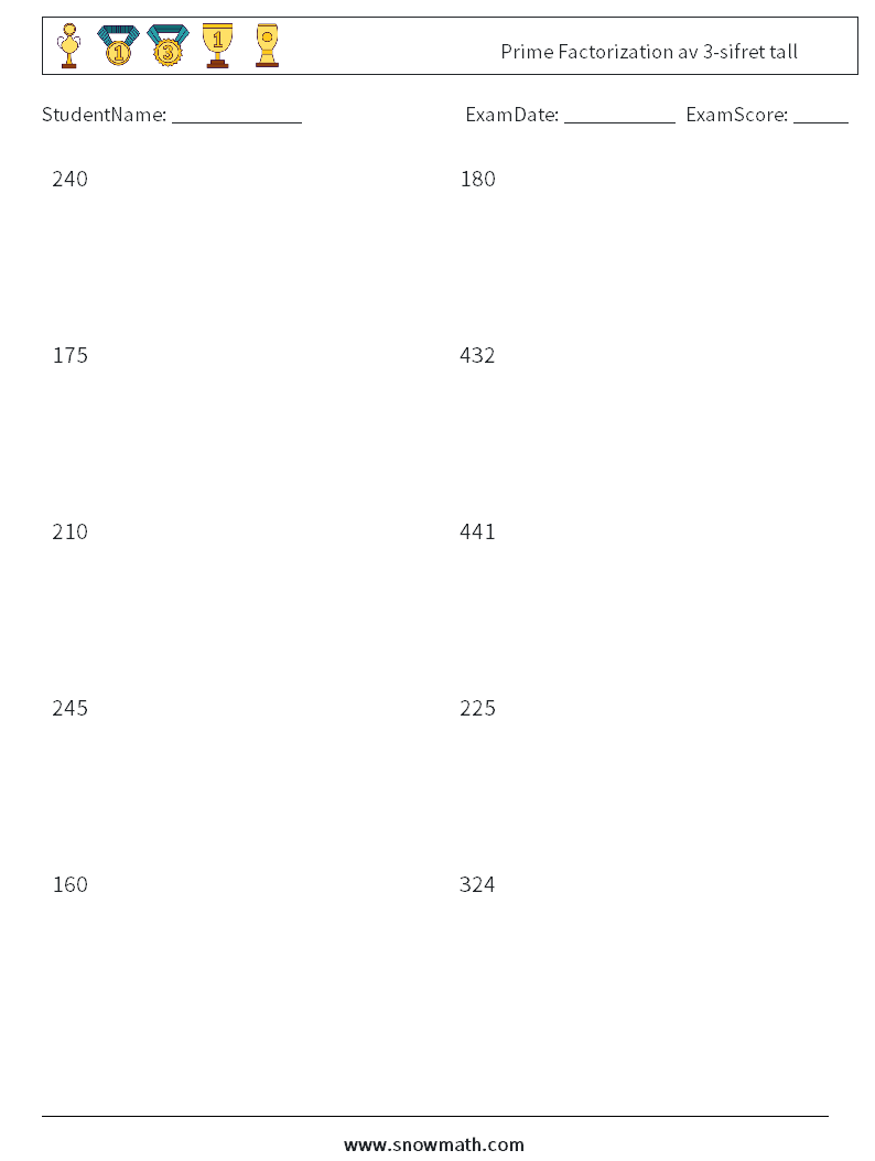 Prime Factorization av 3-sifret tall MathWorksheets 2