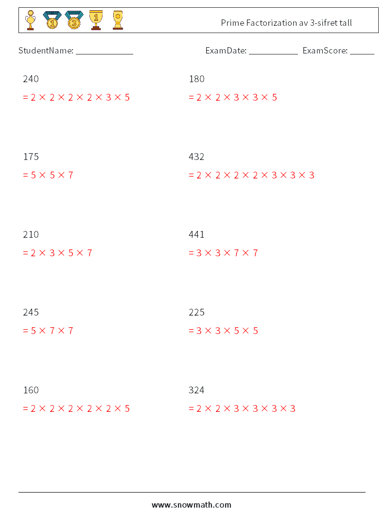 Prime Factorization av 3-sifret tall MathWorksheets 2 QuestionAnswer