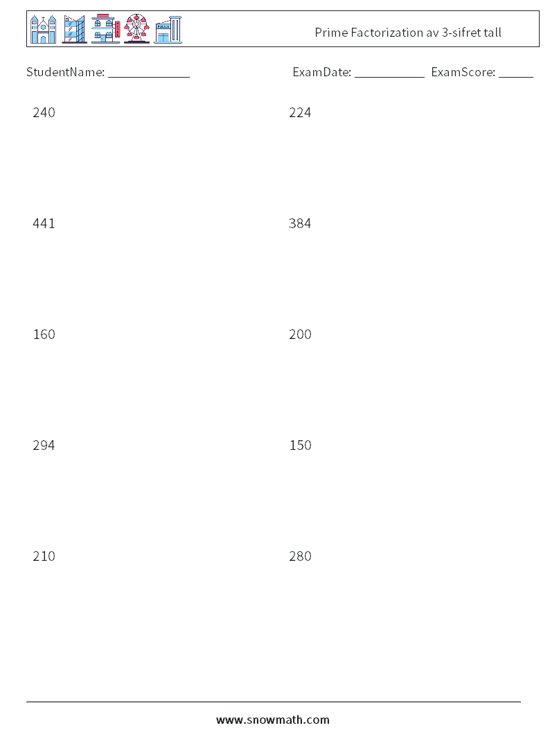 Prime Factorization av 3-sifret tall MathWorksheets 3