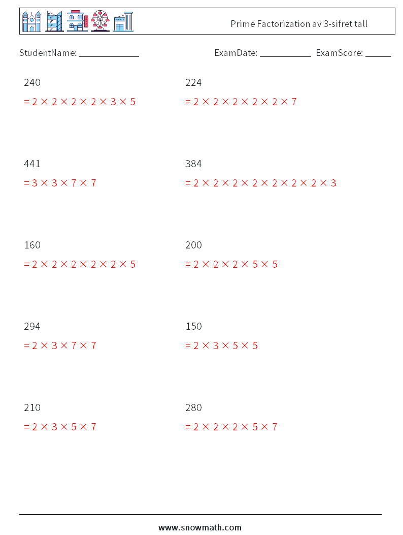 Prime Factorization av 3-sifret tall MathWorksheets 3 QuestionAnswer