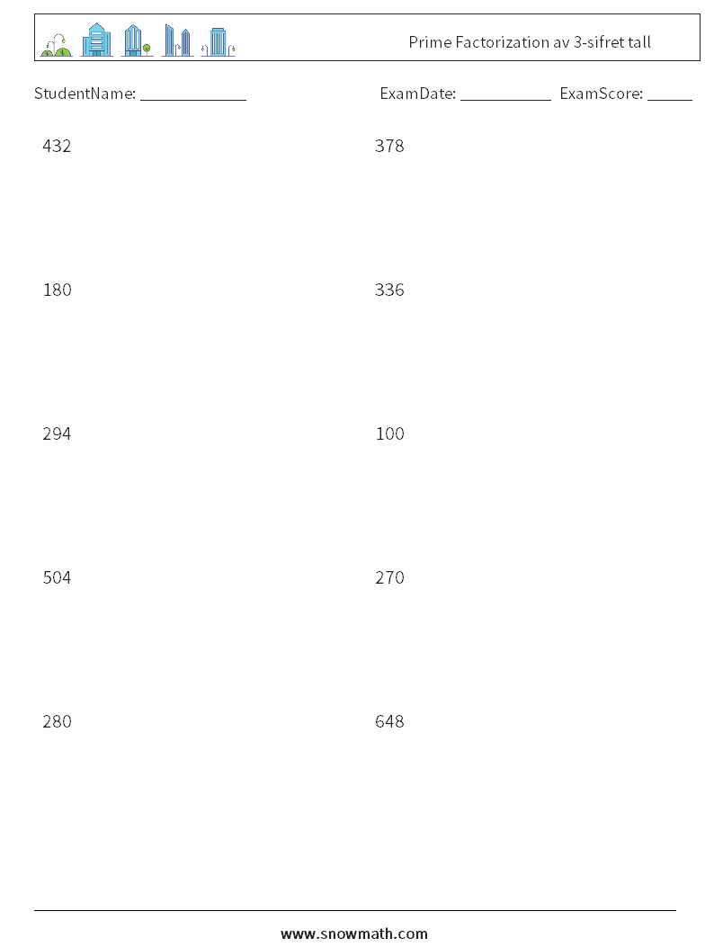 Prime Factorization av 3-sifret tall MathWorksheets 4