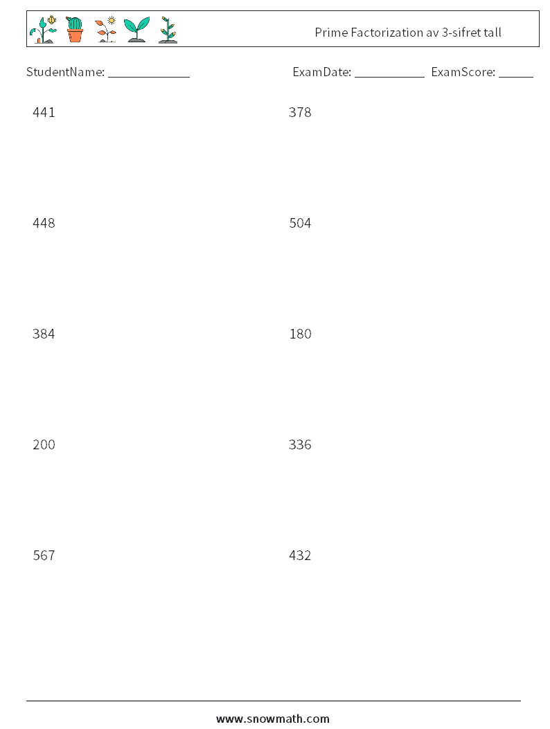 Prime Factorization av 3-sifret tall MathWorksheets 5