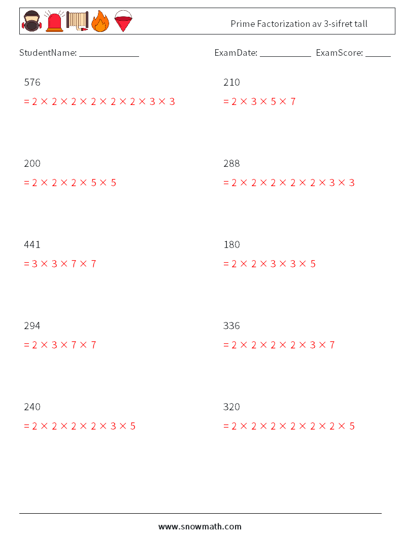 Prime Factorization av 3-sifret tall MathWorksheets 6 QuestionAnswer