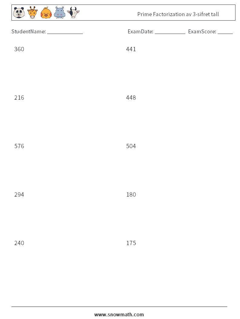 Prime Factorization av 3-sifret tall MathWorksheets 7