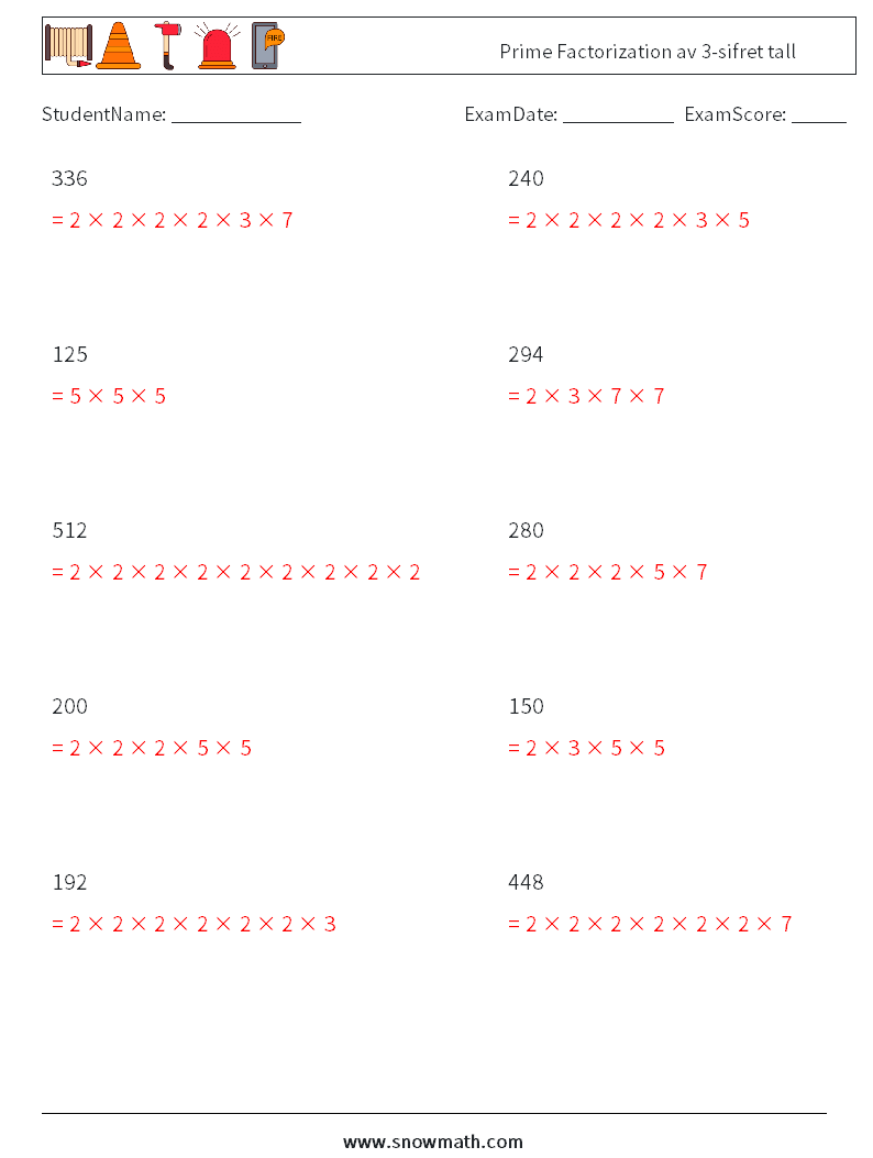 Prime Factorization av 3-sifret tall MathWorksheets 8 QuestionAnswer